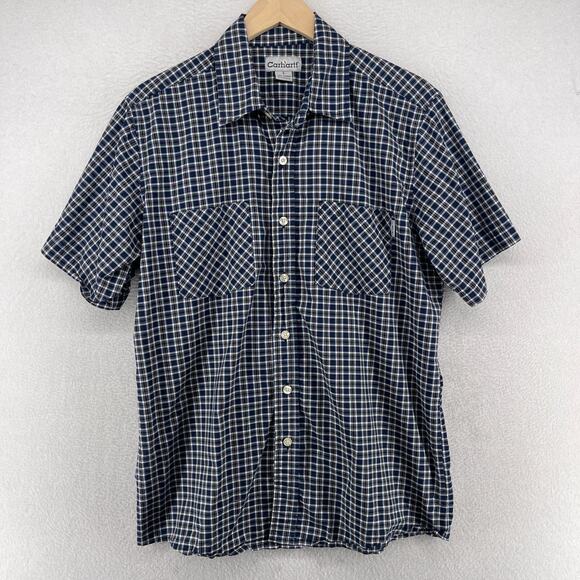 CARHARTT Shirt Mens L S245 Short Sleeve Lightweight Plaid Work Camp Cotton Blue - Picture 1 of 14